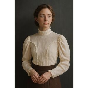 Antique Edwardian Sheer Cotton Blouse Lace Trim High Neck Back Buttons Handmade